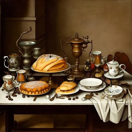 Prompt: iron table with full coffee cups, a lot of french pastry on separate plates, in the style of Pieter Bruegel
