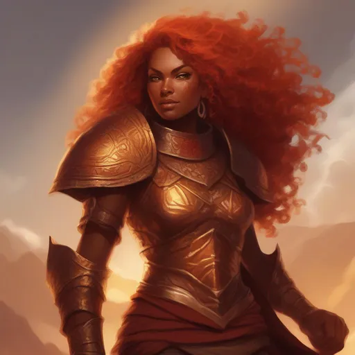 Prompt: dnd a dwarvern woman with red fiery curly hair with dark tan skin wearing bronze armor sun goddess 