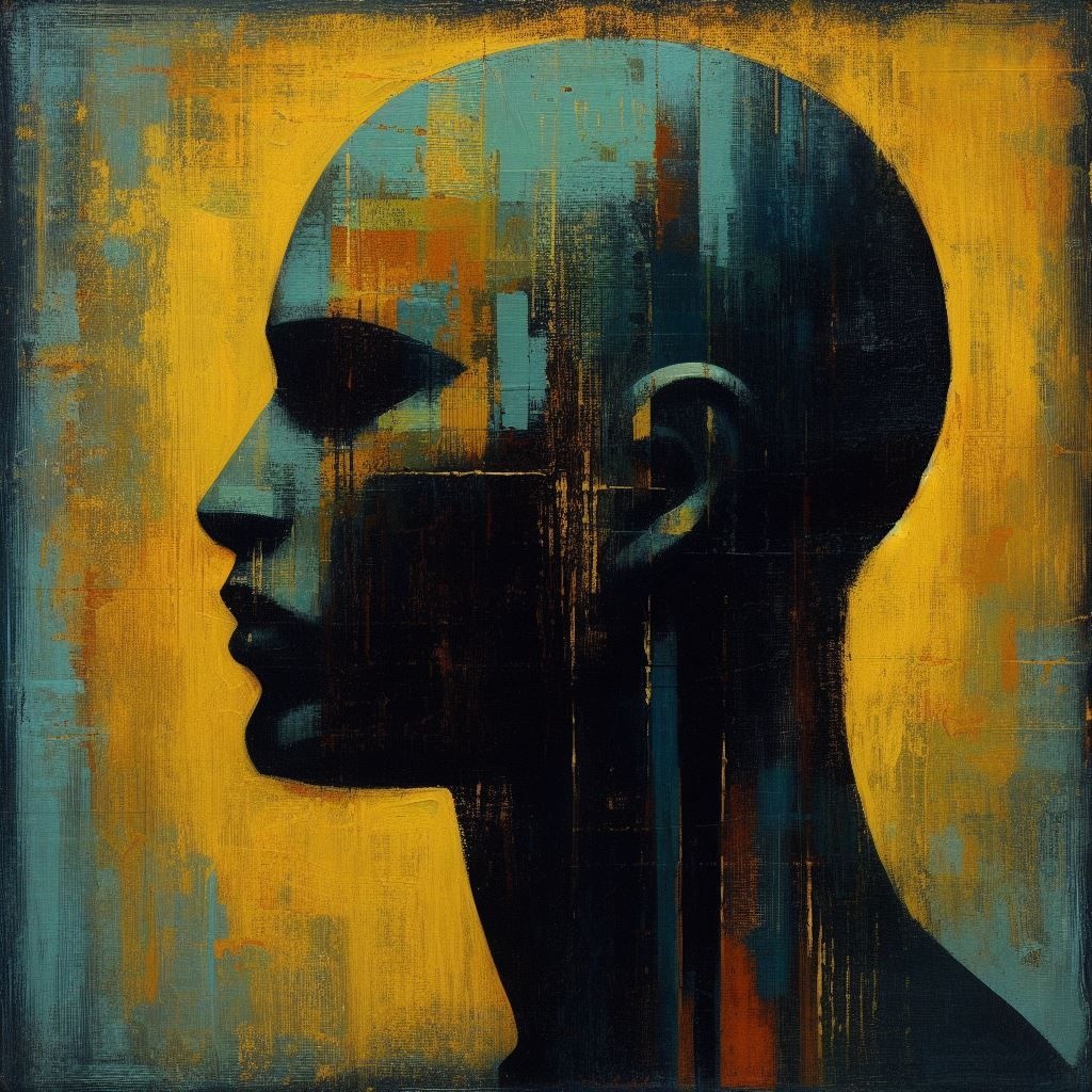 Prompt: barnett newman 1992 ifa man 'the head is an abstract paint on canvas, in the style of serge attukwei clottey, jean-michel basquiat, tim okamura, dark expressionism, digital neo-expressionism, oil on canvas, dark yellow and aquamarine