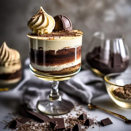Prompt: a small glass with golden strips on the edge, inside is a ladyfinger based tiramisu with mascarpone cheese mixed with chopped dark chocolate, on top is a chocolate ice-cream scoop with cereal on the side. 