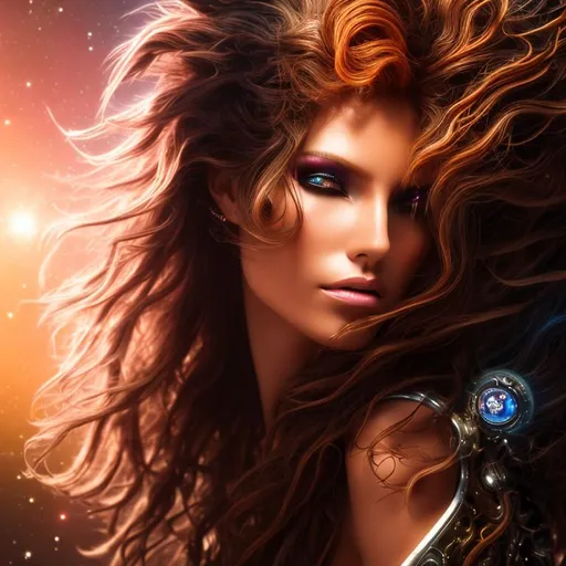 Prompt: An Alien, a stranger, an exotic princess from Tau Ceti. Starlight. Translucent, holographic, airy, light. Wild, unbridled, impulsive. Orange, bronze, gold, and black. mixed media in the style of Boris Vallejo and Luis Royo. Brown-blond hair. Hair straight, shaggy, thin, and windswept. Detailed hair. Curls at the forehead.  Their right eye is half covered by a hairpin. Eyebrows thin. (((Eyes green and blue))), almond-shaped. Nose straight, thin. Lips half open. Lips natural color. (((Stardust on cheeks))). The left side of the face 60% covered with (((tattoos))) and (((implants))). Tattoos, implants bronze and gold. Implant thin lines. Detailed tattoos, implants. (((Head and face portrait.))) Digital 3D Art, perfect composition, beautiful detailed intricate crazy detailed octane render trendy art-station, 8 k art photography, photo-realistic concept.