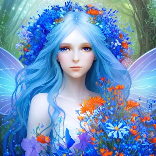 Prompt: fairy goddess of wildflowers ethereal,dreamscape, blue and orange colors, closeup