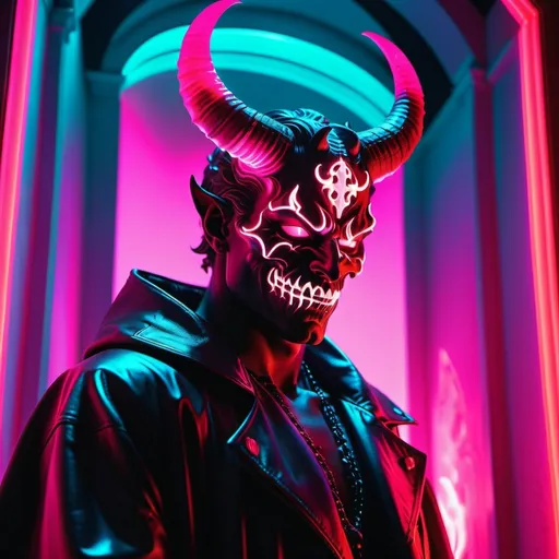 Prompt: demon, hell, demonic, gothic, vaporwave, retro, neon, aesthetic, liminal, high quality, high definition, beautiful, dramatic lighting