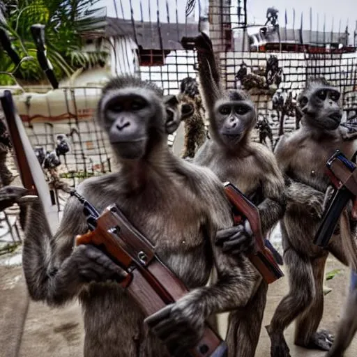 Prompt: An army of monkeys armed with AK-47s breaks into a house.  