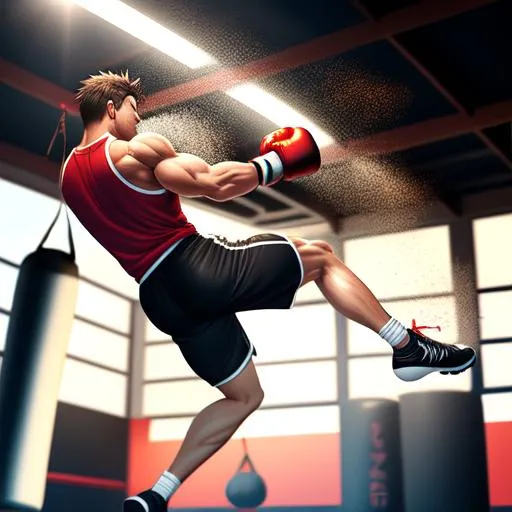 Handsome male punching a punching bag training musc... OpenArt