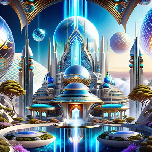 Prompt: Mystical Kingdom of Shambala, heaven inside the center of the planet Earth, dominated by futuristic and  sci-fi style of architecture {ultra-detailed Sci-Fi temples, exquisite palaces and buildings, space craft, opal made, Crystal Spheres, HQ, futuristic style} hi tech design, hyper-detailed landscape and intricately detailed background, digital art masterpiece, award winning image composition, 
Ultra HD 1024K, HDR Octane 3D, Unreal Engine 5, Behance 4D Cinema, CryEngine, vray, clarity, harmony, order, proportions, rhythm, axis, hierarchy, symmetry.