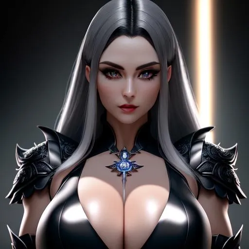 Prompt: Seductive feminine pale woman with dark grey hair and black eyes, torn ripped outfit with deep cleavage, soul leaving body, aura particles, intricately detailed, hyperrealistic, sharp focus, professional, sensual feminine, UHD, HDR, 8K, render, HD, trending on artstation, front view, canon, 24mm, spotlight lighting, ((huge breast)), ((sexy))