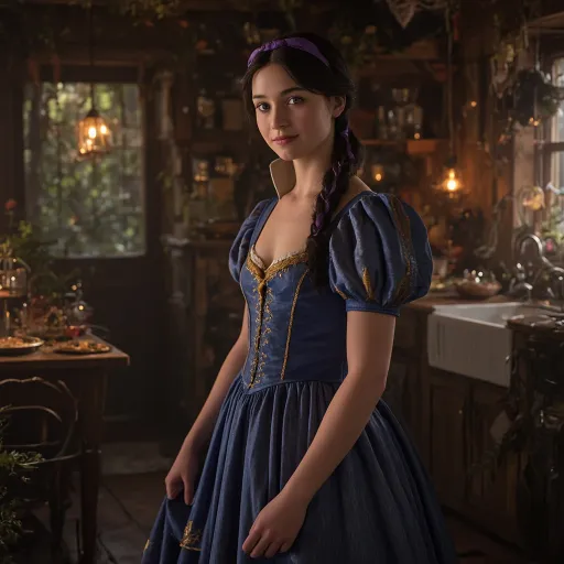 Prompt: A full-length portrait of Snow White standing inside the kitchen of the Dwarves' forest cottage, styled with the delicate, hyper-realistic painterly look of a Renaissance-inspired fairytale painting. An 18-year-old teenager, she has striking, wide cerulean blue eyes, a porcelain complexion that practically glows, highlighting her rosy cheeks, and dark hair tied back with soft purple ribbons. Her expression is a shy smiling with a touch of seductive innocence. Her dress highlights her cleavage and is a modern fairytale reinterpretation: flowing, rustic yet elegant, in deep indigo and muted gold tones with subtle embroidery. The scene is set at twilight in a lush, enchanted forest cottage, with the warm glow of lantern light filling the cozy wooden cottage.  Style is hyper-detailed, cinematic, with soft lighting and magical realism. --v 5 --style painterly --lighting soft twilight --mood enchanted --focus full-body --environment forest cottage --texture realistic fabric and hair