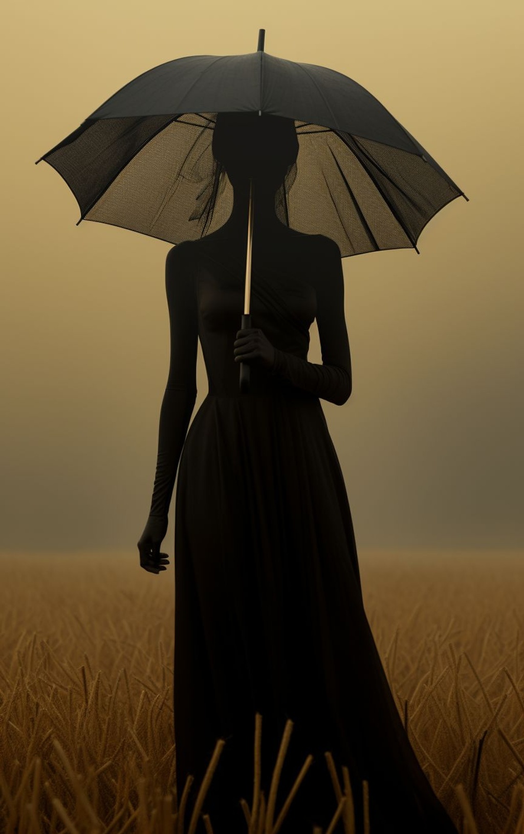 Prompt: an umbrella walking in a field with fog, in the style of dark black and dark beige, desertwave, ingrid baars, humanistic empathy, 8k, duy huynh, brooding mood