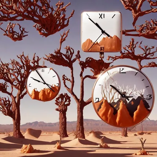 Prompt: Create a stunning composition with "Surrealist Melting Clocks" hanging from a tree and scattered around a desert. Use a golden ratio to add depth to the image. The distorted clocks represent the fluidity of time and memory.