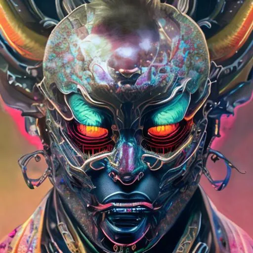 Prompt: Watercolor portrait of a roaring neon hannya with iridescent black markings and a CYBERNETIC face, perfect composition, hyperrealistic, super detailed, 8k, high quality, trending art, trending on artstation, sharp focus, studio photo, intricate details, highly detailed, by greg rutkowski, illustration, watercolor, BY YUJI SHINKAWA
