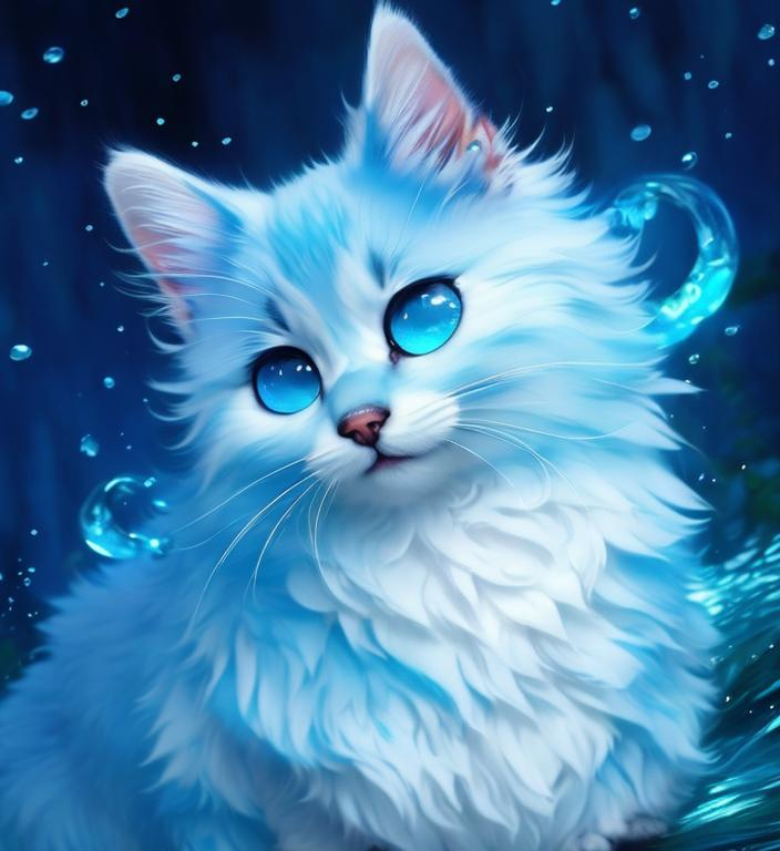 Cute blue fluffy liquid cat possessing the element of water and making circles of water move aro