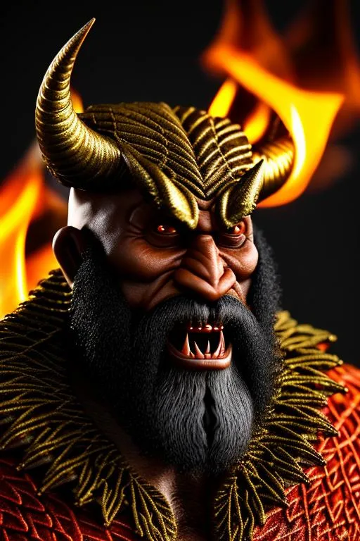 Prompt: a photo of  an elderly bearded man  wearing a devil costume, ancient cave setting, dynamic pose, close - up, bald head, horns, tail, intricate details, intricately detailed clothing, intricate textures, warm lighting, vivid colors, smoke and fire, stunning muscular male, realistic octane render, hyper realistic render, volumetric shading, depth of field, raytracing, 8 k