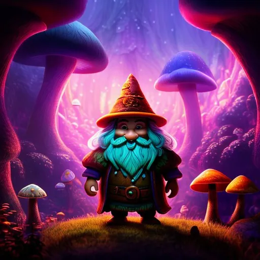 Prompt: Mushroom, dwarf, gnome, magic, fantsy, mushroom man, living fungus, spores, glow, purples pinks oranges and greens, cave, dim lighting, spooky, adventure, long ears, big nose, bearded