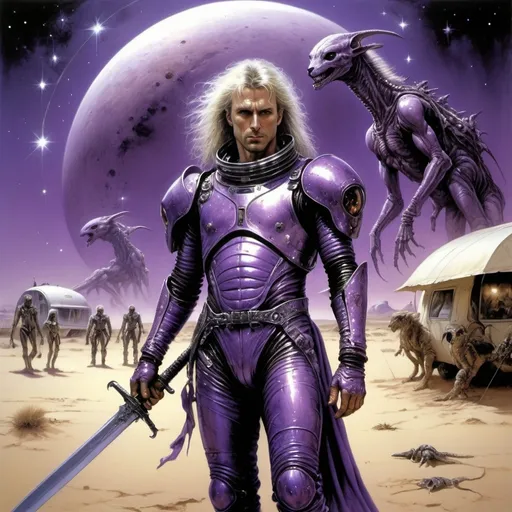 Prompt: dystopian style. Luis Royo. a brutal fair-haired middle-aged man in a mirrored purple spacesuit with a sword in his hand.  in the background: a fantastic caravan of alien animals and drivers walking through a sandy desert in another world. purple light, bright stars. very detailed