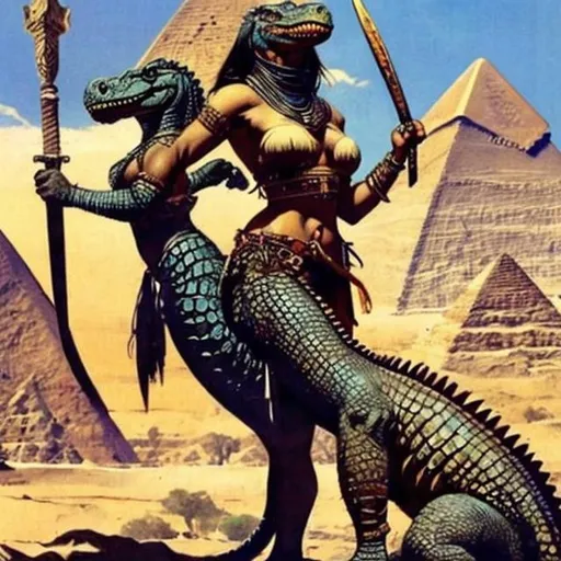 Prompt: Crocodile Curvy Warrior Woman with top from Egypt  blue art by Frank frazetta