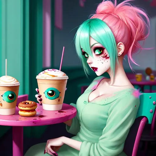 Prompt: Cute Pixar style painting of a beautiful zombie woman, pale green skin, pink hair, teal sky, sitting at a cafe, apocalypse, donut, latte, dirty, trash, eyeball, brains, blood spatter, muted color pallette