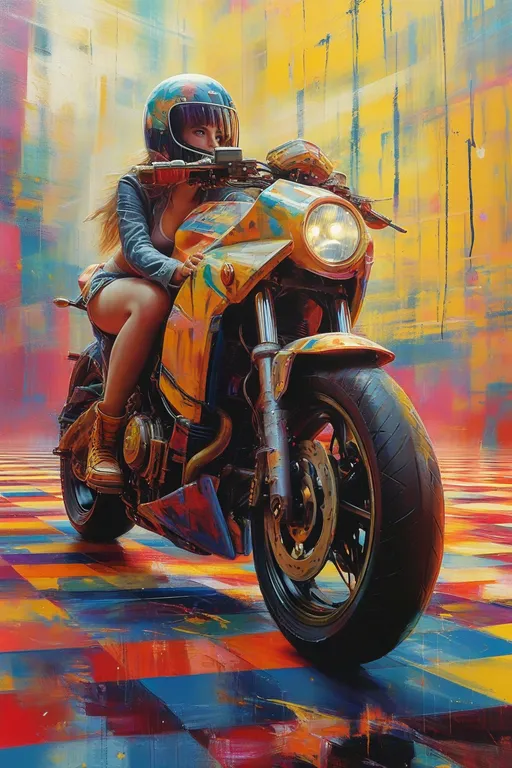 Prompt: Hyper-detailed painting of a woman riding a motorcycle on a checkered floor, vibrant and colorful background surrounding her, influenced by Ai-Mitsu and toyism styles, capturing a dynamic and energetic atmosphere, featuring intricate details and cyberpunk elements, enhanced with striking colors and dramatic lighting, inviting an immersive experience, ultra-detailed, high-quality art piece.