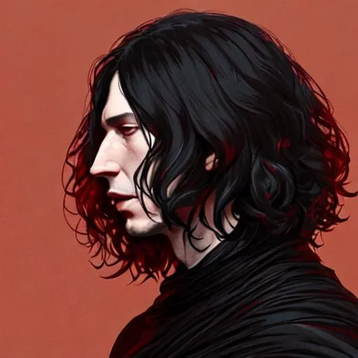 Prompt: kylo ren {male character} flowing dark hair + black gown + red planet , {{facing away from camera}}, hyperrealistic, dark fantasy, soft light, concept art