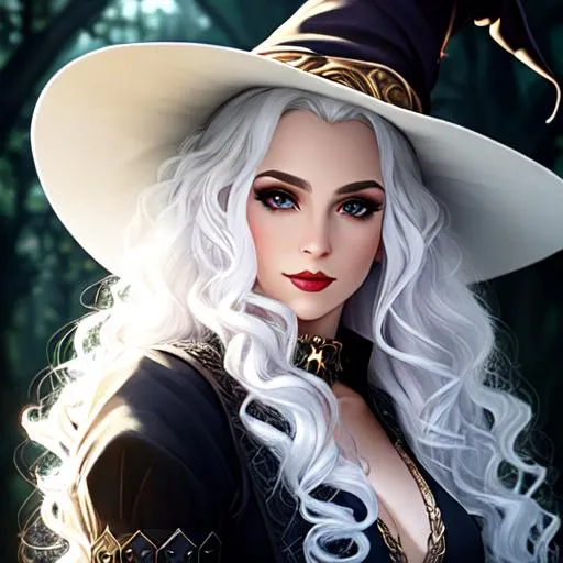 Prompt: dnd, dark fantasy, portrait, female, witch, curly hair, elf, white hair, pointy hat with stars