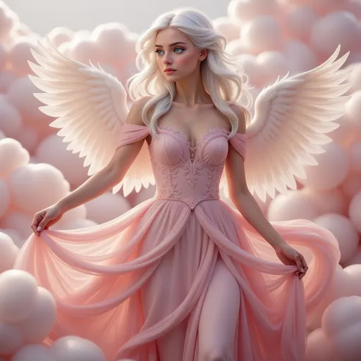 Prompt: beautiful woman in a flowing pink gown, intricate white wings on her back, hazy pink clouds surrounding her, ethereal ambiance, dreamlike atmosphere, soft lighting, delicate details in fabric, serene expression, whimsical vibe, high-quality 4K, soft pastel tones, fantasy-inspired scene, enchanting and mystical feeling
