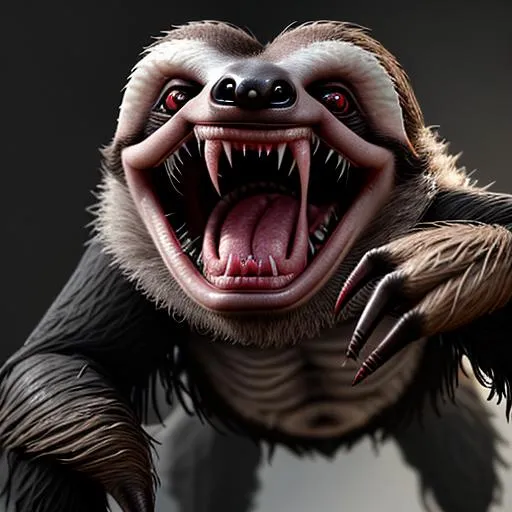 Prompt: Hyper realistic render of an evil screaming sloth, horror, anger, grotesque, razor sharp teeth, malicious ,macro shot, 3D model, exaggerated, unreal engine,