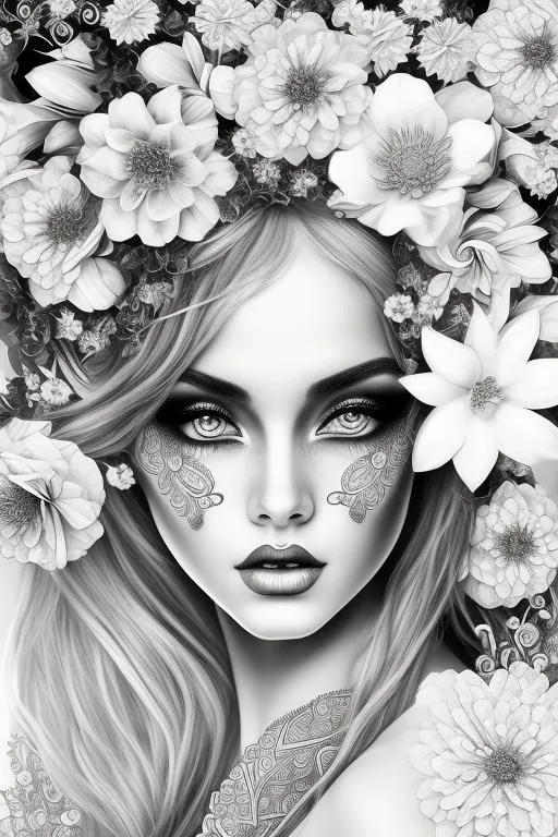 Prompt: coloring page , black and white of detailed beautiftul fantasy girl, with flowers,  clear facial features, symmetrical   smooth lines, beautfiful , dreamy, details, black and white, simple, light image