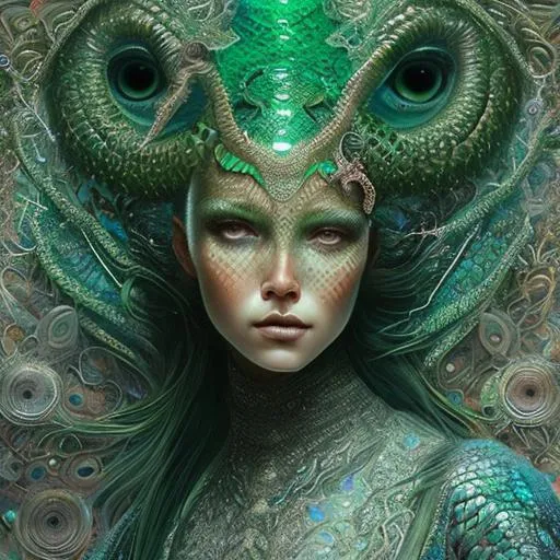 Prompt: A beautiful woman, beautiful face, stunning snake green eyes, ombre gradient green hair, delicate dress made of gradient iridescent snake scales details by pino daeni, tom bagshaw, Cicely Barker, Daniel Merriam, intricate details by Andrew atroshenko, James Jean, Mark Ryden, charlie bowater, WLOP, Jim burns, esao Andrews, Megan duncanson, beautiful portrait , very detailed, high definition, crisp quality, cinematic smooth, cinematic lighting, ultrarealistic, crispy focus 