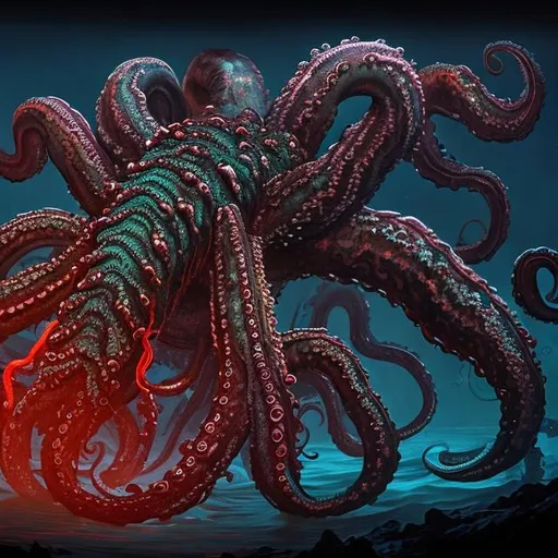 Prompt: A kraken with bioluminescent red stripes below the tentacles, blade carapace on tentacles, above a pit emanating energy
