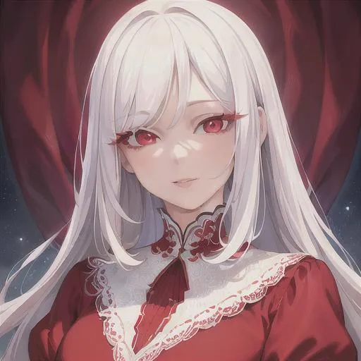 Prompt: (masterpiece, illustration, best quality:1.2), medium pure white hair, red eyes, wearing red nightgown, best quality face, best quality, best quality skin, best quality eyes, best quality lips, ultra-detailed eyes, ultra-detailed hair, ultra-detailed, illustration, colorful, soft glow, 1 girl, happy expression