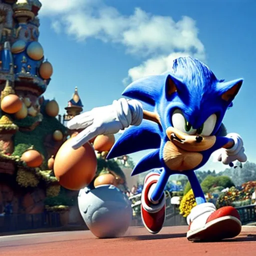 Prompt: Sonic The hedgehog defeating eggmsn in Disneyland