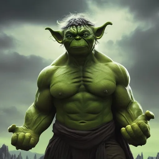 Prompt: Hulk Yoda, huge, muscular, realistic, 4k, cloudy background