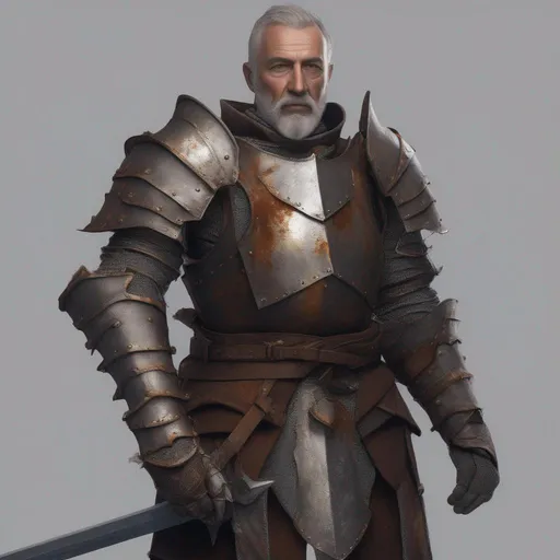 Prompt: Mature male human knight with rusty armor and weapons