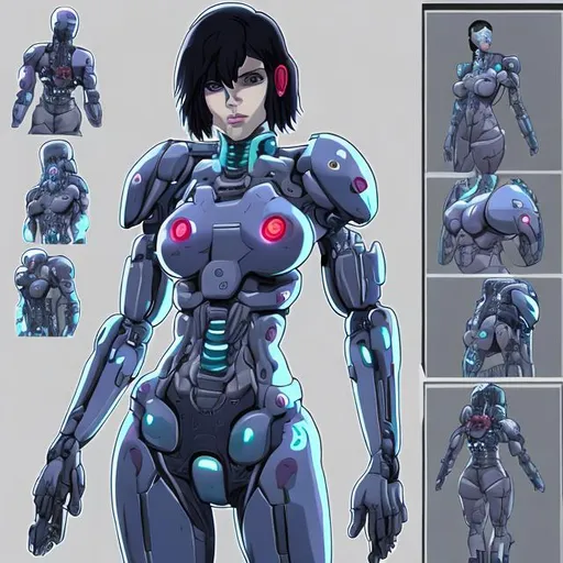 Prompt: A reference sheet of a ghost in the shell style cyborg female