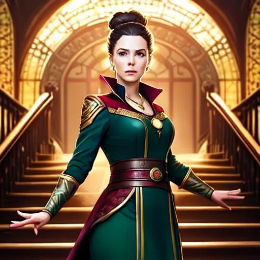 Prompt: Female doctor strange, standing on a staircase casting a spell, hair bun, back lighting, symmetrical face, freckles, front view, full body, green gem necklace 