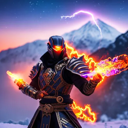 Prompt: sci-fi armoured ninja
 god in an electric aura holding a purple flaming sword in front of a snowy mountain with thunder