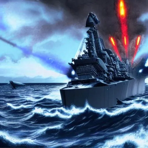 Prompt: Leviathan destroying battleship in color