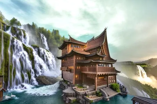 Prompt: Hyper-realistic depiction of a 19th-century wooden structure situated near a waterfall in a mountainous region. The building should be captured with the best quality camera to showcase intricate details of the wooden panels, roof, and surroundings. The lighting should be balanced to emphasize the natural beauty of the waterfalls and the river flowing around the building. The image should be captured from a natural perspective to show the surroundings and highlight the beauty of the wooden structure. The background should be blurry to emphasize the subject, while still showing the natural beauty of the surroundings. The image should showcase intricate details, including the texture of the wood, the water flow, and the surrounding flora and fauna.