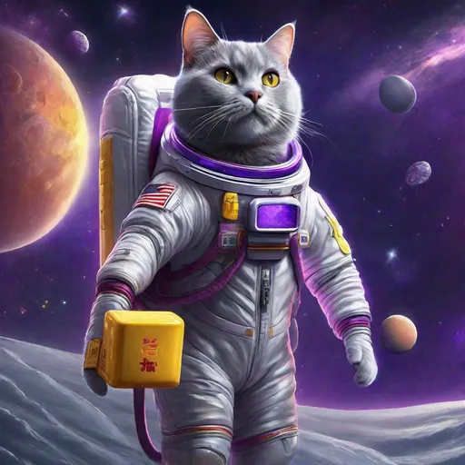 Prompt: Brilliant Striking concept art of a gray cat in a space suit with "Ricky" Written on the name tag. Floating through empty space chasing butter. Exquisite Detail Everything is perfectly to scale, HD, UHD, 8k Resolution, Vibrant Colorful Award winning Image with a purple color scheme