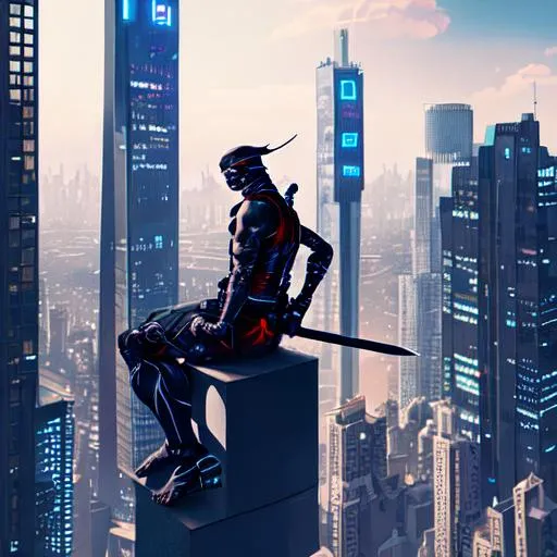 Prompt: A futuristic ninja sitting atop a tall building in a huge cyber city with his sword drawn