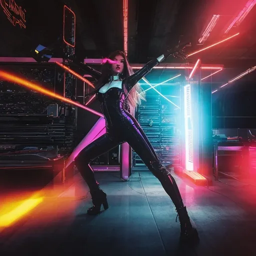 Prompt: a beautiful female demon in a dynamic pose in a retro futuristic synthwave cyberpunk neon paradise.  neon lighting, high quality, beautiful, synthwave, cyber, retro, futuristic