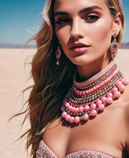 Prompt: Flawless fashion editorial photography, pink, Valentino fashion, desert, award winning photography, fashion magazine, summer fashion, luxury, stylish jewelry