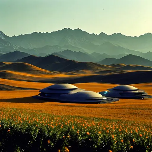 Prompt: a beautiful vista of rolling hills and alien flowers, with one prefabricated building, in the style of Star Trek. {Star Trek: The Next Generation}