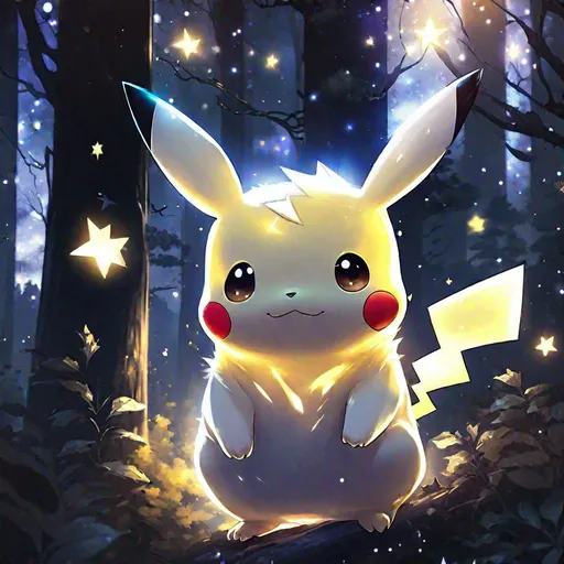 Prompt: portrait of A white elegant translucent pikachu head that is glowing, in a forest, beneath the stars, highres, best quality, concept art