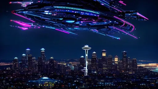 Prompt:  starry dark sky,  city of seattle futuristic, flying modern cars, futuristic art, neon lights,