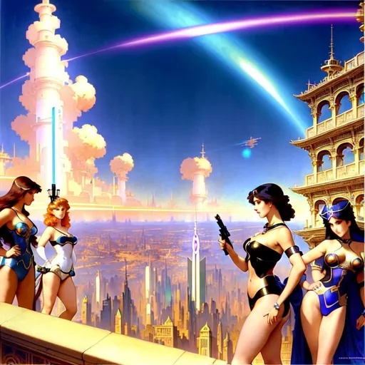 Prompt: Eight gorgeous gynoid sister-muses witness the Battle of Hopepunk Boulevard from the city ramparts while searching for their lost android brother, during the Dreamtropolis Uprising of 2066 CE.
fantasy sci-fi art, william bouguereau, alphonse mucha, maxfield parrish, luis royo, sorolla,  juan gimenez, holographic 
 volumetric lighting, occlusion, Unreal Engine 5 128K UHD Octane