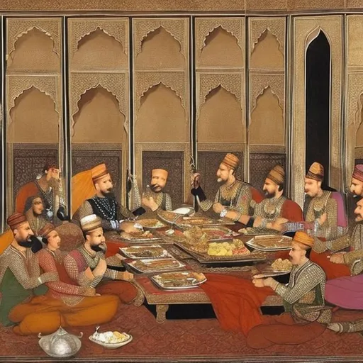 Prompt: Mughal emperors enjoying feast
