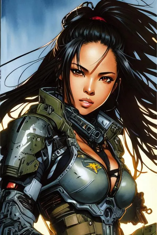 Prompt: (((Yoji Shinkawa))), sticker of ultra detailed portrait of Aaliyah Dana Haughton in black mech armor,  high quality cell shaded illustration in post apocalyptic style by Yoji Shinkawa, ((full body)), dynamic pose, perfect anatomy, centered, freedom, soul, black long hair, approach to perfection, cell shading, 4k , cinematic dramatic atmosphere, watercolor painting, global illumination, detailed and intricate environment, artstation, concept art, fluid and sharp focus, volumetric lighting, cinematic lighting, Art by Yoji Shinkawa,