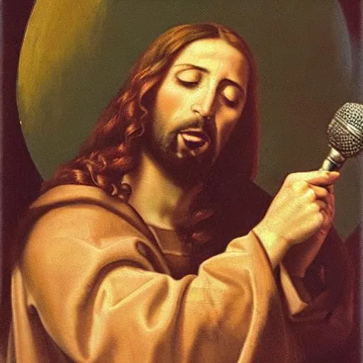 Prompt: renaissance Oil painting of Jesus singing karaoke, holding silver microphone, eyes closed, mouth open, joint in hand. 