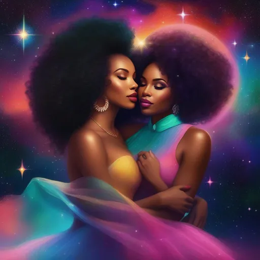 Prompt: Two female African-American lovers, holding each other close, ((bright colors)) (((DreamShaper Version 1))), equal proportions, equal body ratio, equal face ratio, floating through space, stars, galaxies, nebulas, 50s pinup style